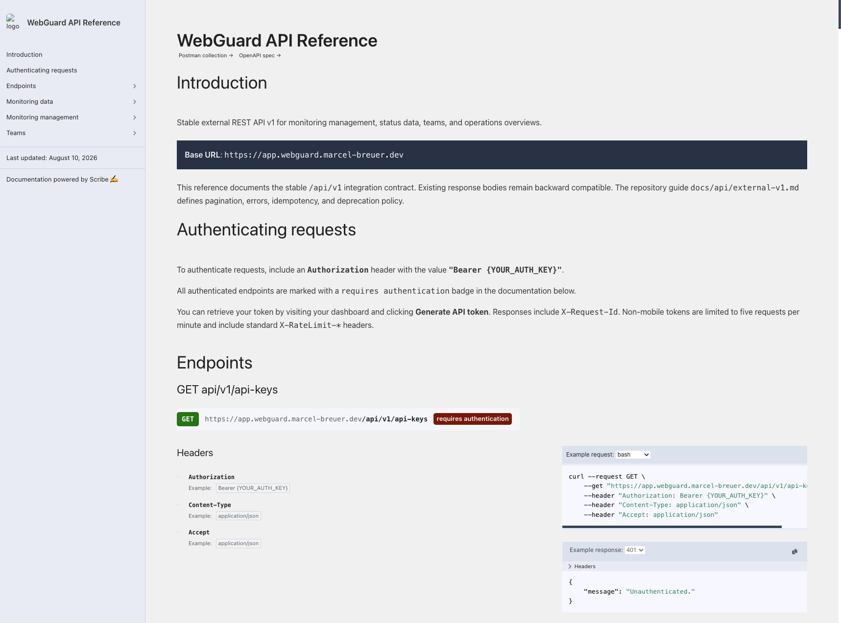 WebGuard API reference with authentication and endpoints