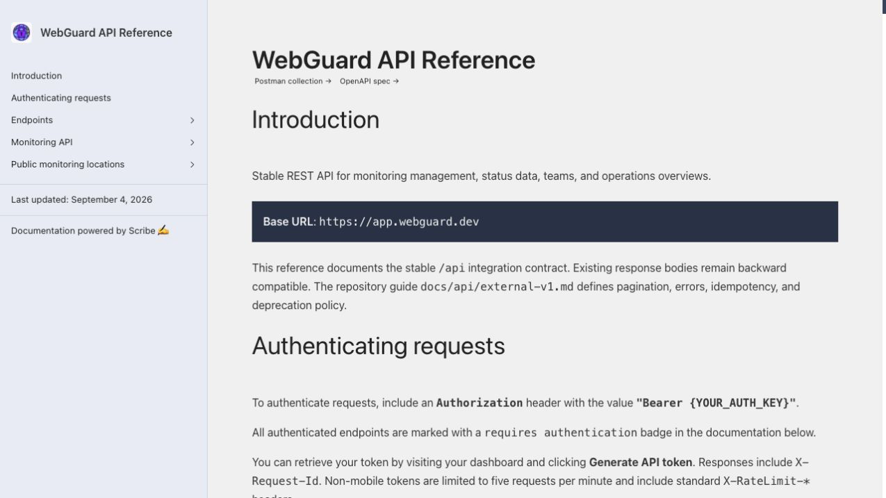 WebGuard API reference with authentication and endpoints