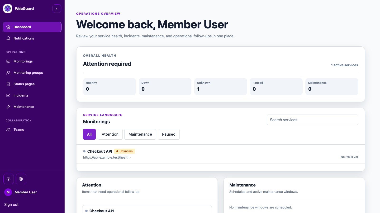 WebGuard operations overview with monitors and recent results
