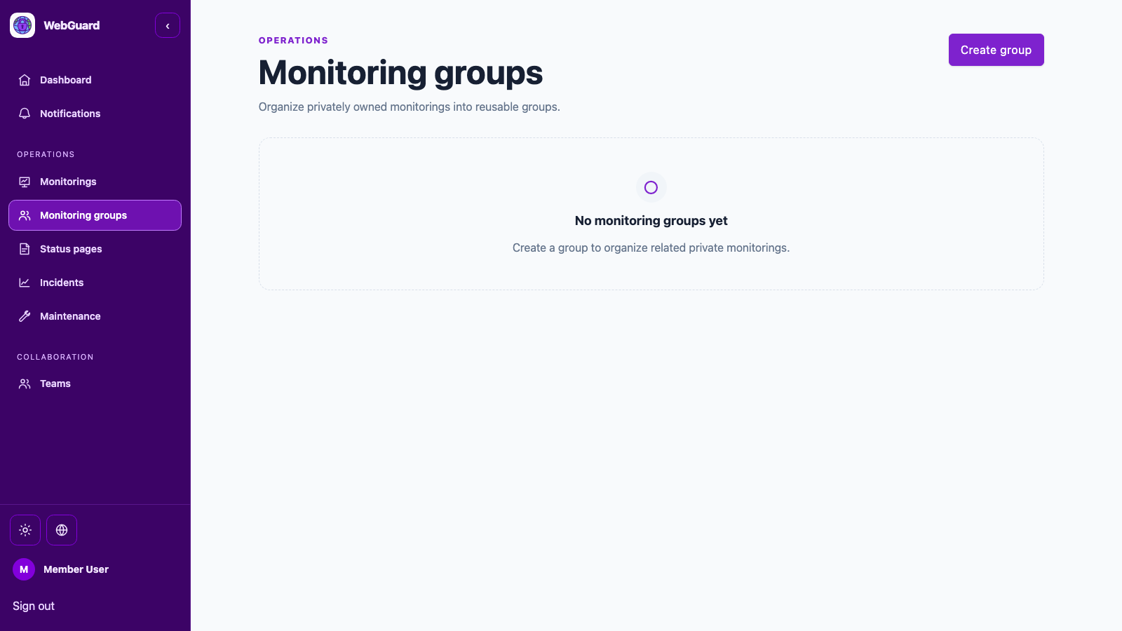 WebGuard group overview with a demo monitoring group