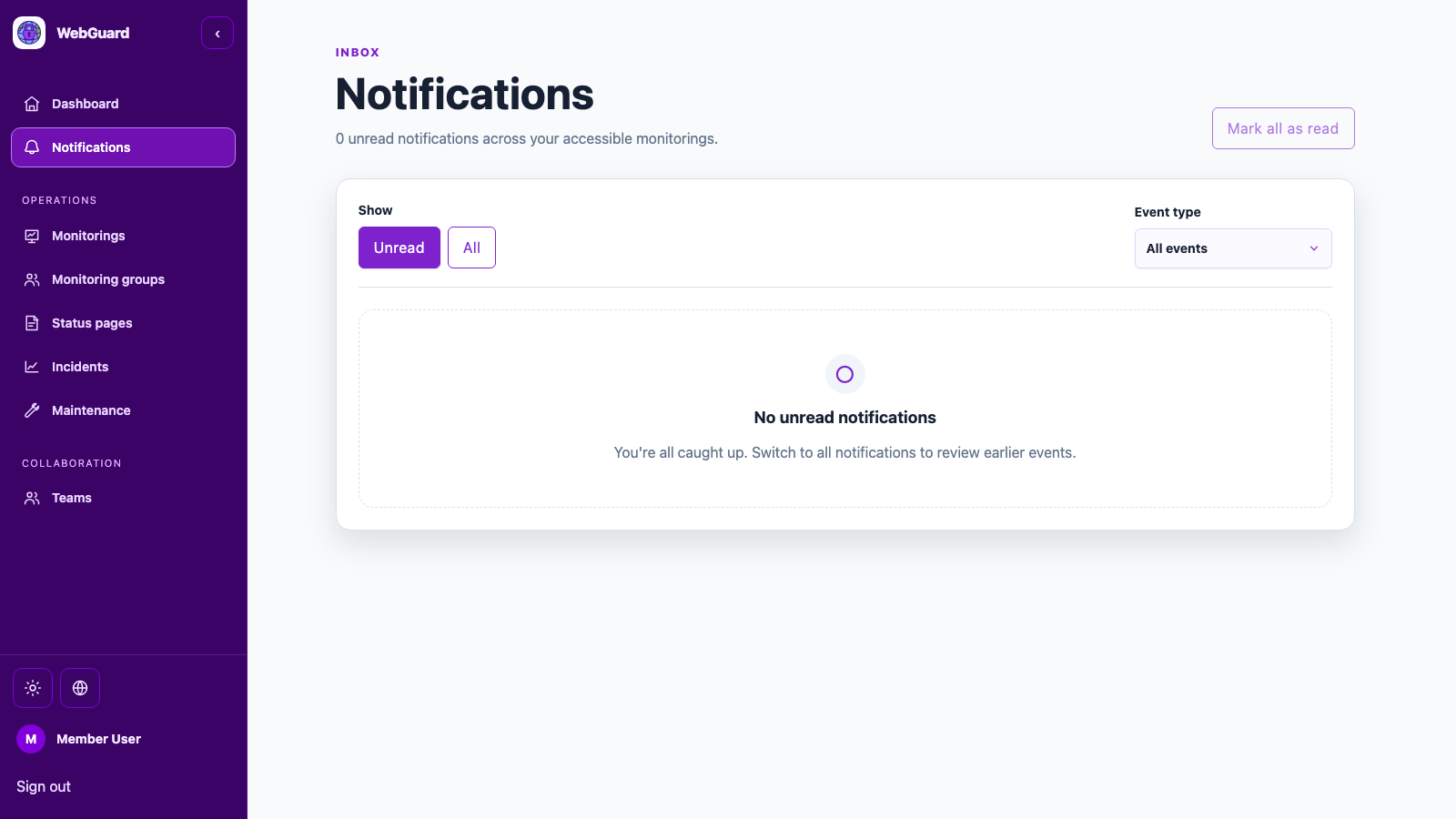 WebGuard notifications inbox with status changes, expiry risks, and channel delivery