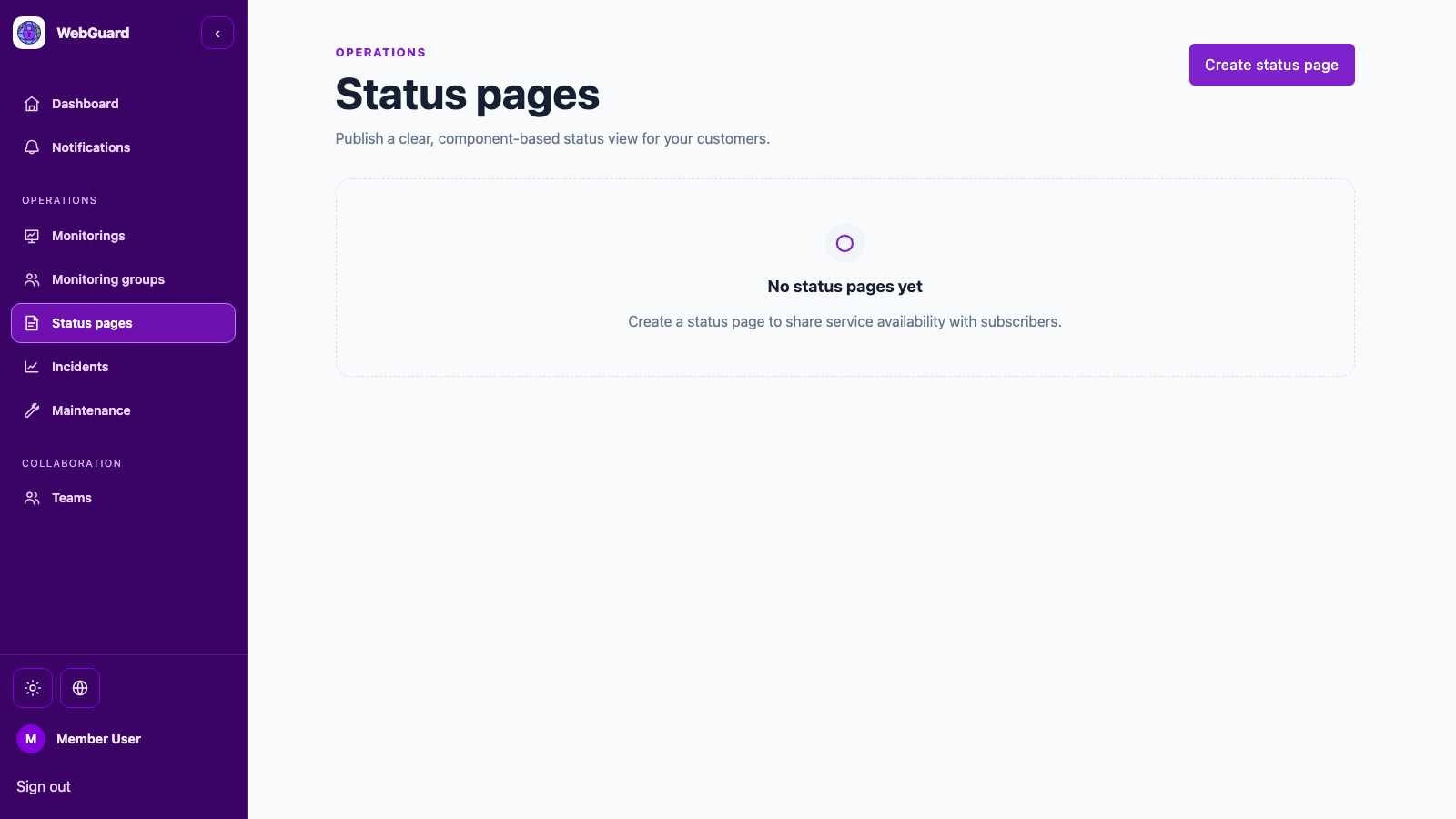 WebGuard status pages empty state, ready to set up a public status page