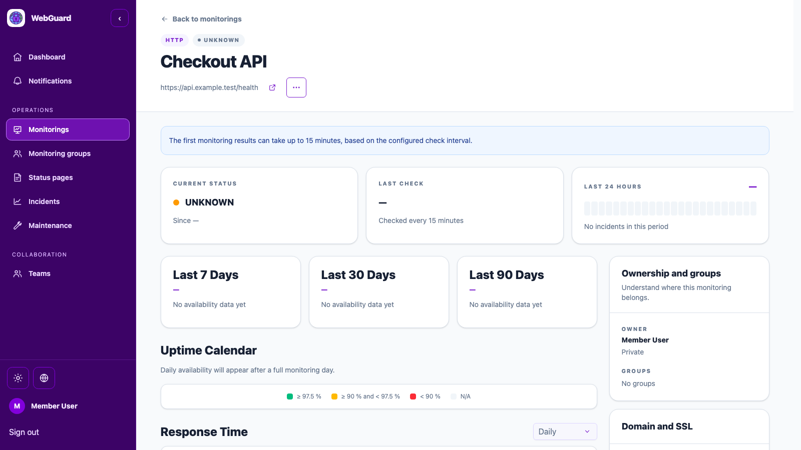 WebGuard monitoring detail with latest check, uptime history, and response time