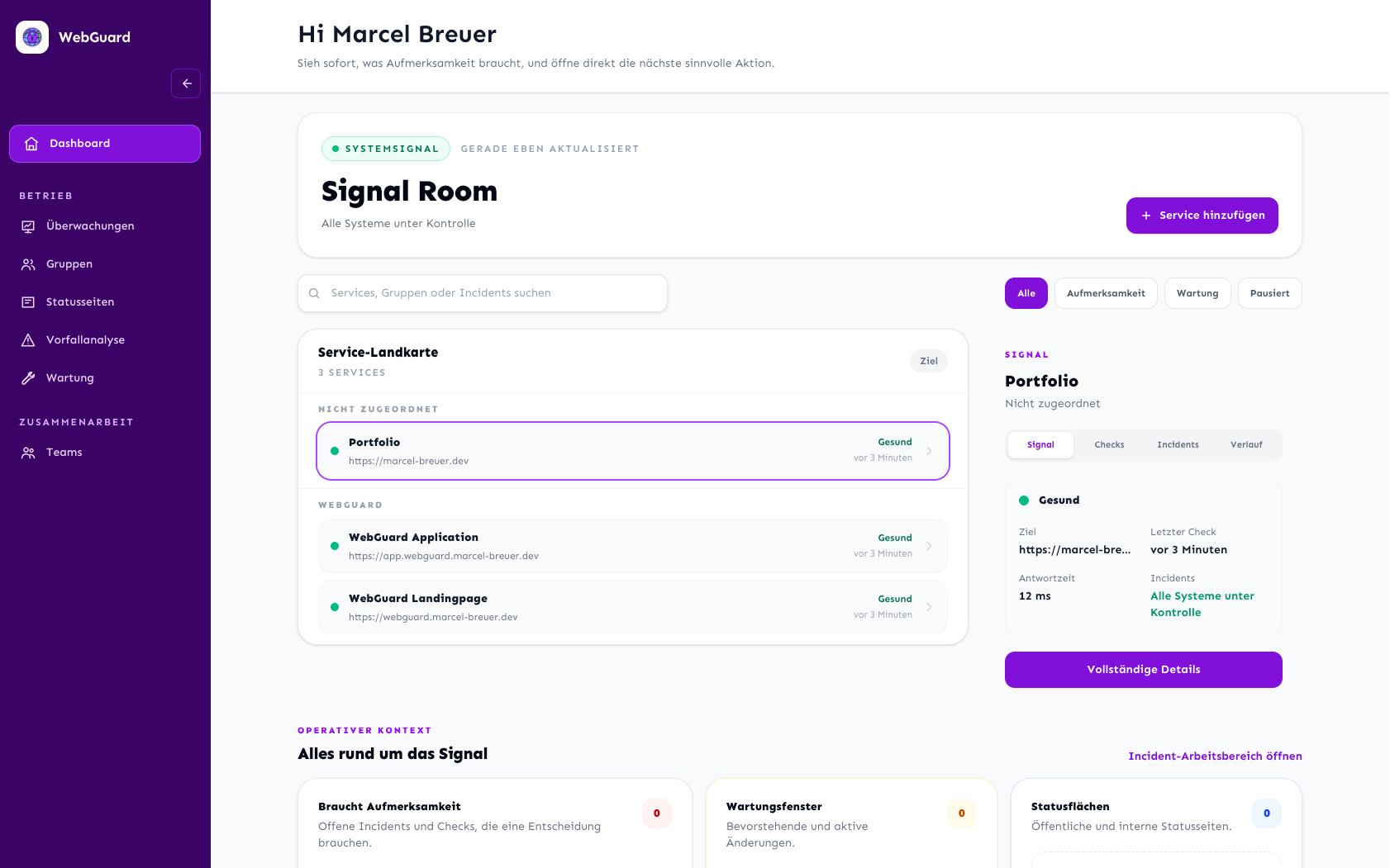 WebGuard dashboard with signal overview, service landscape, and attention filters