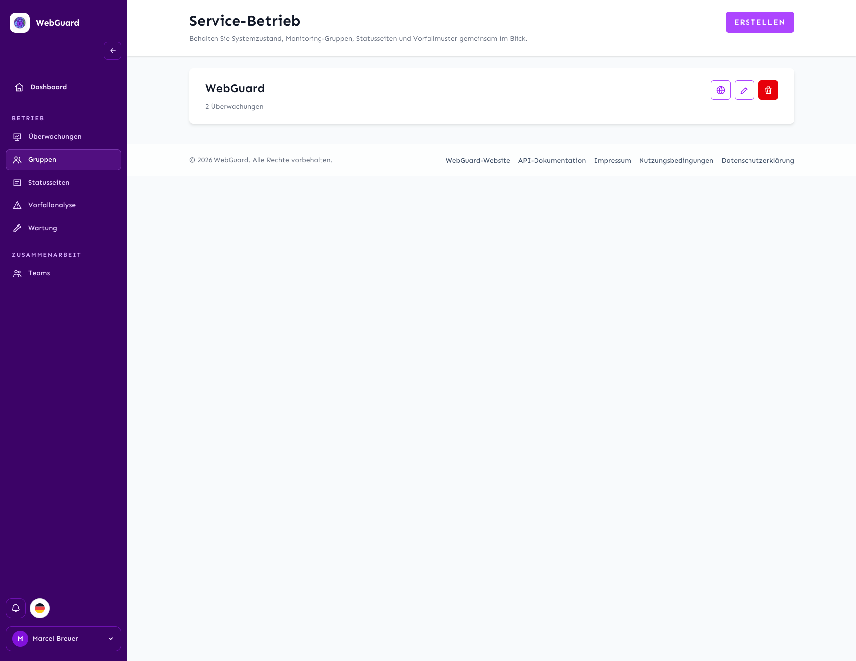 WebGuard group overview with a demo monitoring group