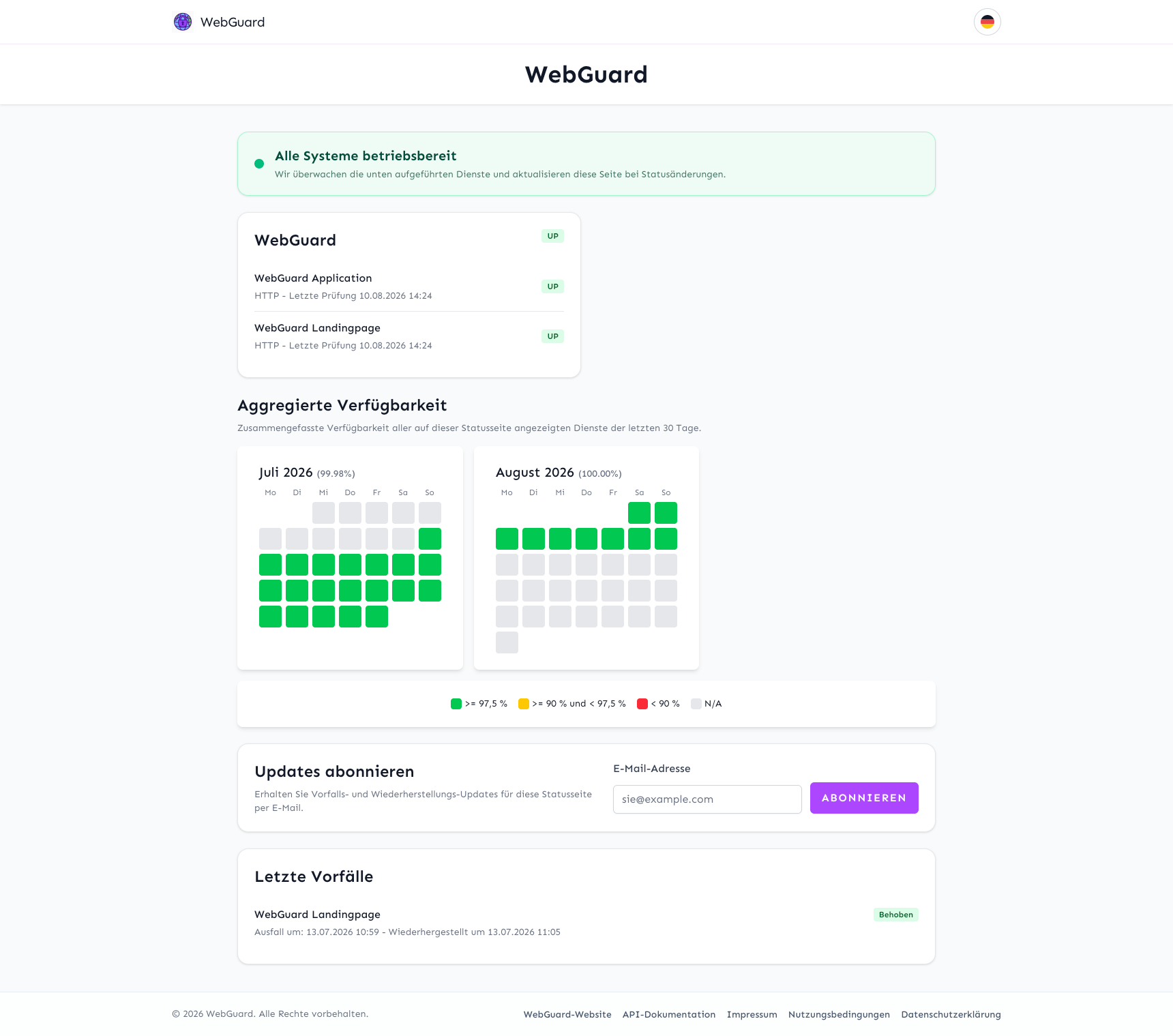 WebGuard public status page with availability, subscriptions, and incidents